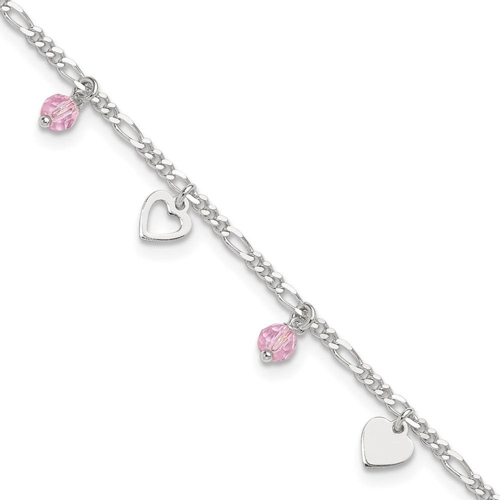 925 Sterling Silver Pink Glass Beads and Hearts Charms 9" Anklet 1" extension